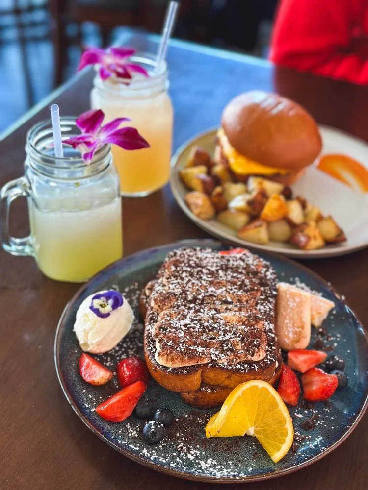 Tiramisu French Toast, breakfast sandwich, lemonades