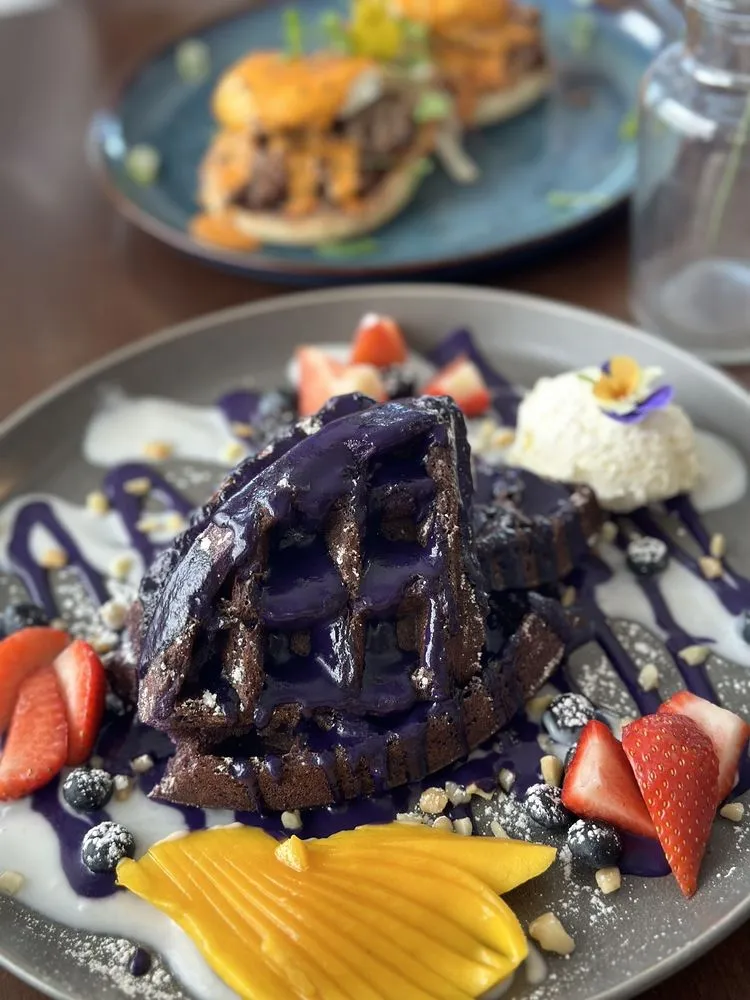 Ube waffle and bulgogi Benedict