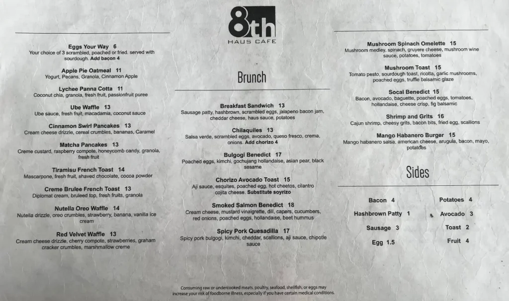 8th Haus Cafe Menu